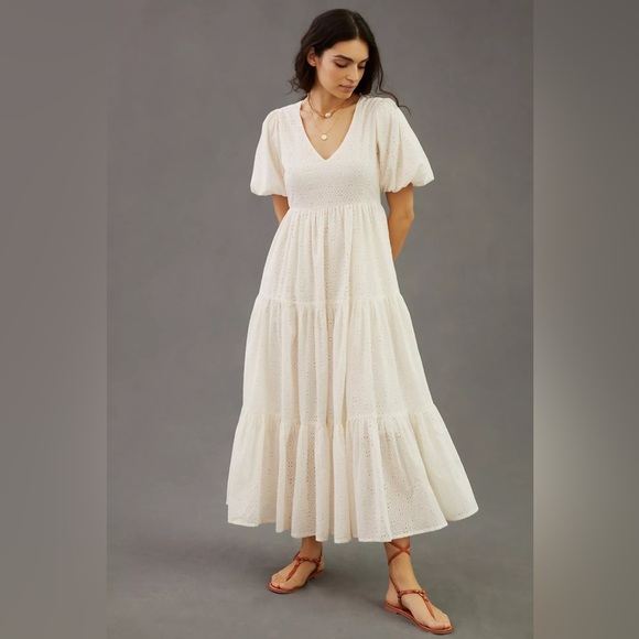 Anthropologie MOTHER Eyelet Puff Sleeve V-Neck Maxi Dress - Picture 1 of 9